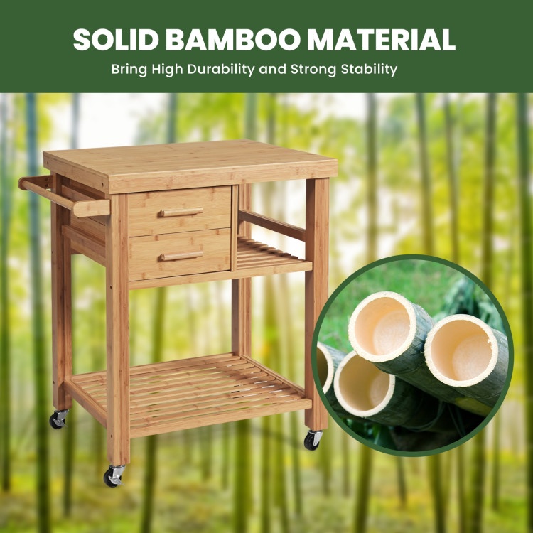 Bamboo Kitchen Trolley Cart With Tower Rack And Drawers