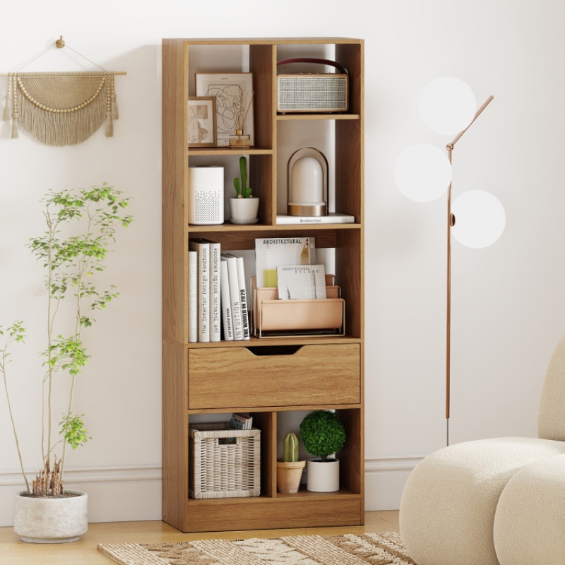 51Inch Tall Freestanding Bookcase With Drawer 7-Cube Storage Organizer-Natural