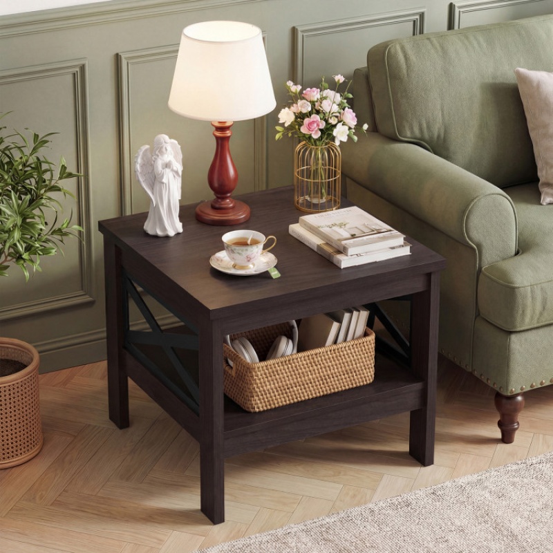 2-Tier Square Side Table With Storage Shelf And X-Frame For Bedroom Living Room-Brown