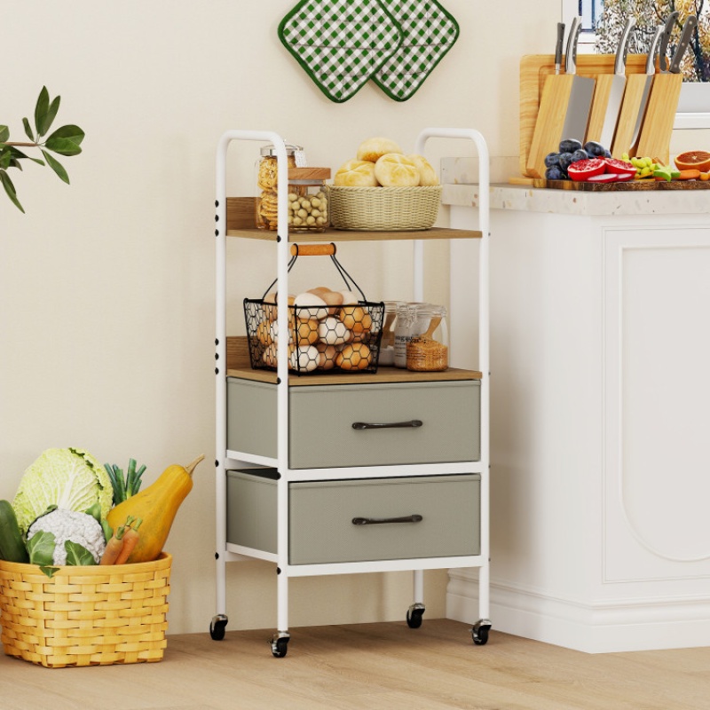 Rolling Utility Storage Cart With 2 Open Shelves And 2 Fabric Drawers-Natural