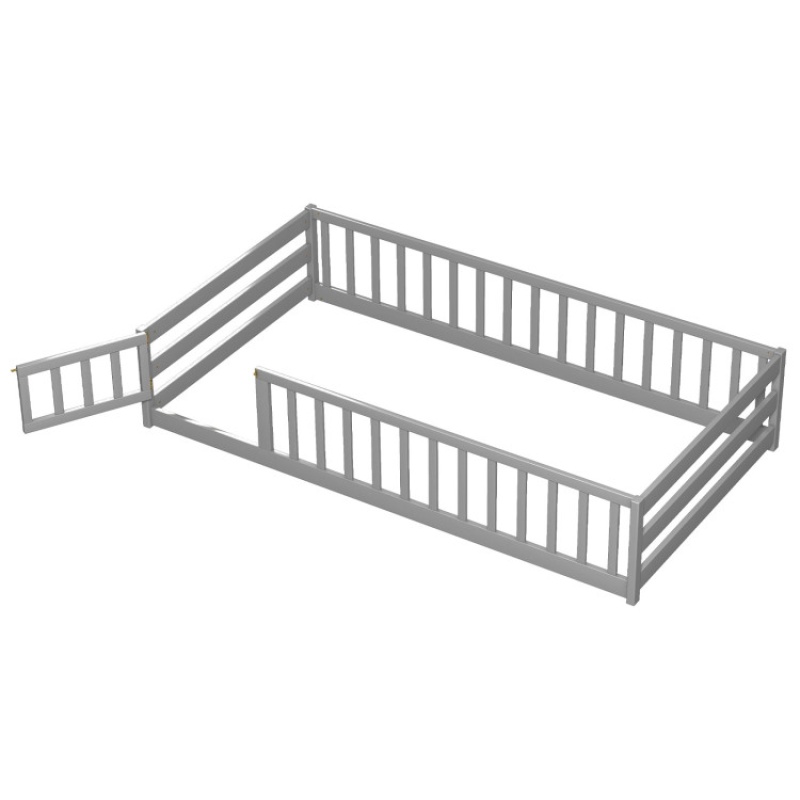Twin Size Kids Wood Montessori Floor Bed With Door And Fence