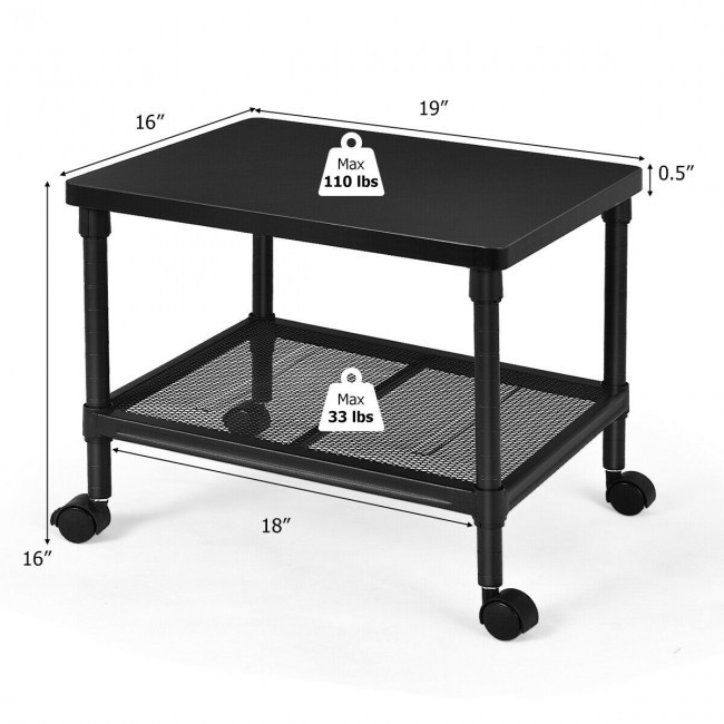 2-Tier Rolling Under-Desk Printer Stand With Storage Shelf For Home/Office