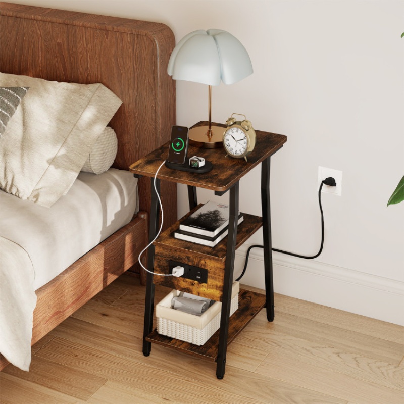 Set Of 1 Industrial Side Tables With Charging Station & 3-Tier Shelves For Small Space-Rustic Brown
