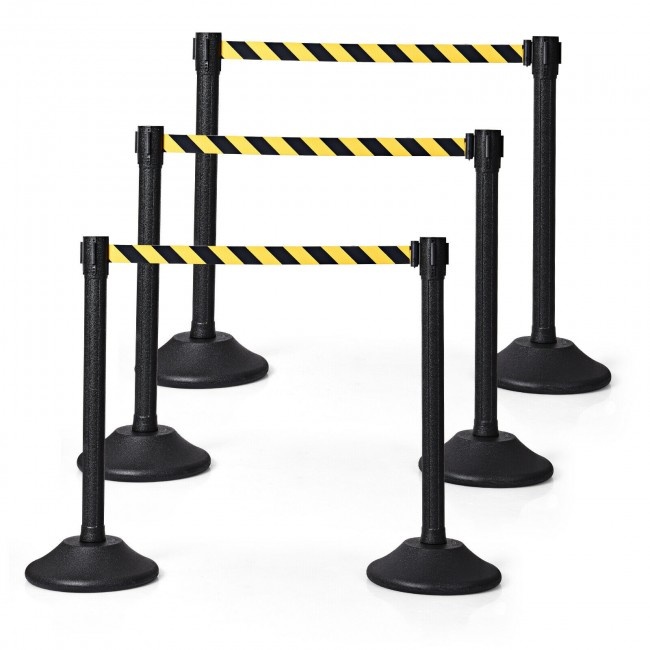 6 Pcs Stanchion Post Crowd Control Barriers Queue Pole With Retractable Belt Color: Black