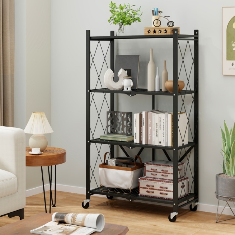 4-Tier Foldable Storage Shelf Collapsible Storage Rack With Lockable Wheels-Black