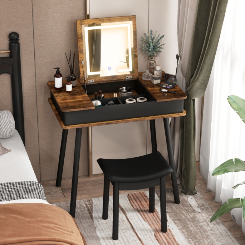 Vanity Table Set With Flip Top Mirror Lights Usb Writing Desk And Stool-Brown