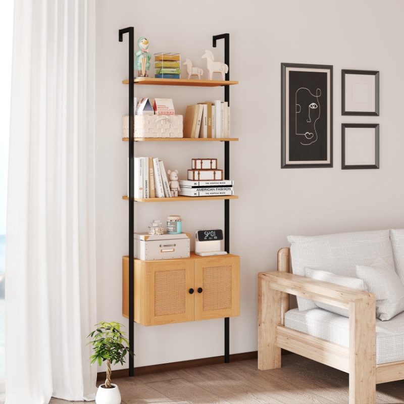 5-Tier Ladder Bookcase with Rattan Cabinet