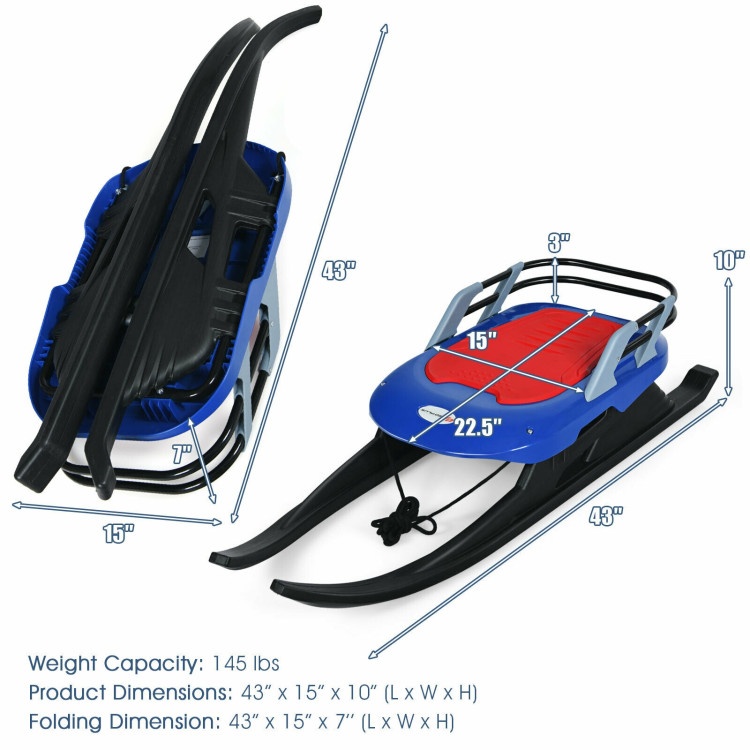 Folding Kids' Metal Snow Sled With Pull Rope Snow Slider And Leather Seat