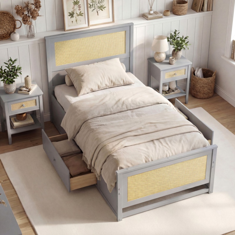 Twin Size Rattan Bed Frame With Storage Drawers - Gray