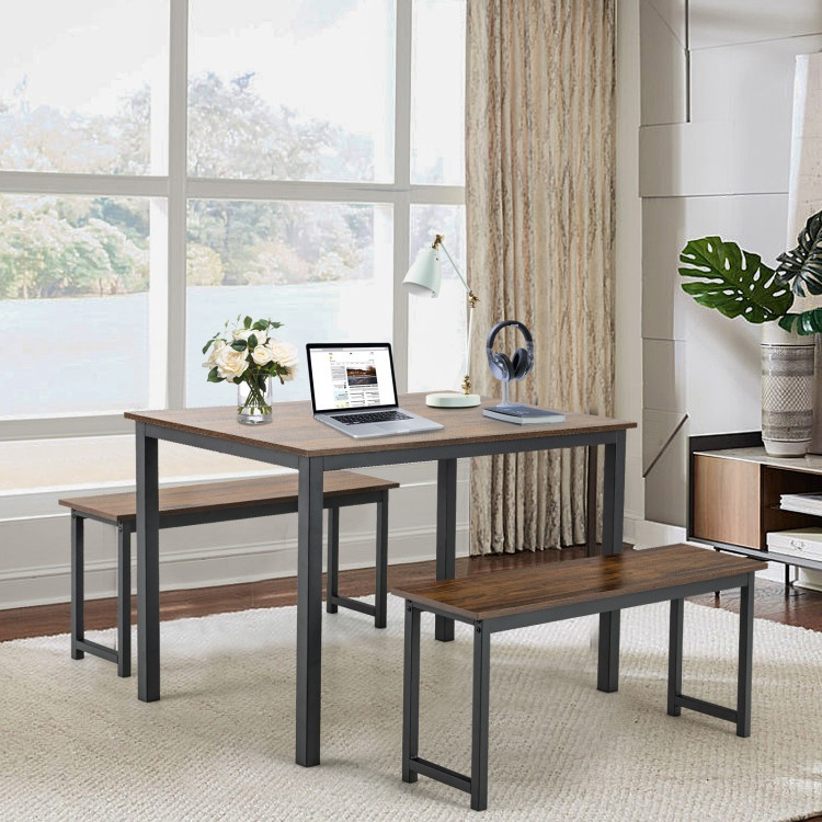 3 Pieces Dining Table Set With 2 Benches For Dining Room Kitchen Bar-Brown