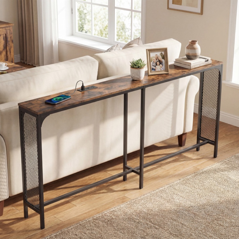 71 Inch Narrow Console Table With Power Outlet For Small Space-Rustic Brown