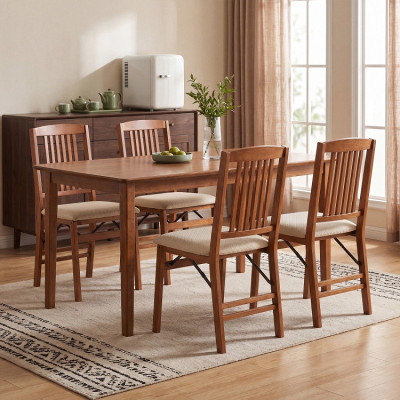 Set of 4 Foldable Upholstered Kitchen Chairs with Padded Seat - Beige