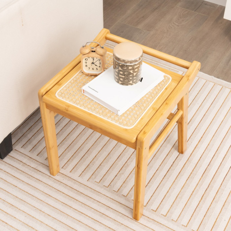 Bamboo Vanity Stool With Rattan Top And Reinforcement Bar-Natural