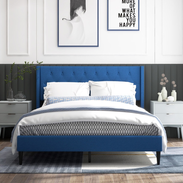 Queen Size Upholstered Platform Bed With Button Tufted Wingback Headboard-Blue