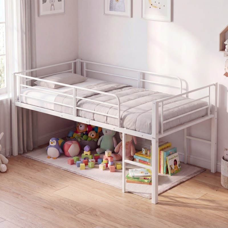 Twin Size Low Loft Bed With Safety Guardrails And 2 Ladders
