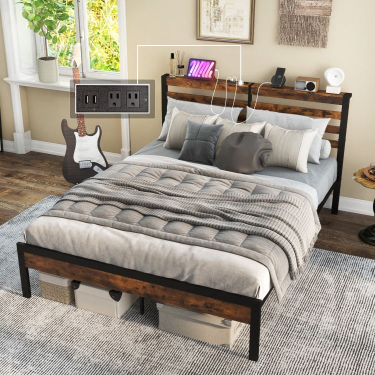 Full/Queen Size Bed Frame With Charging Station And Storage Headboard-Queen Size