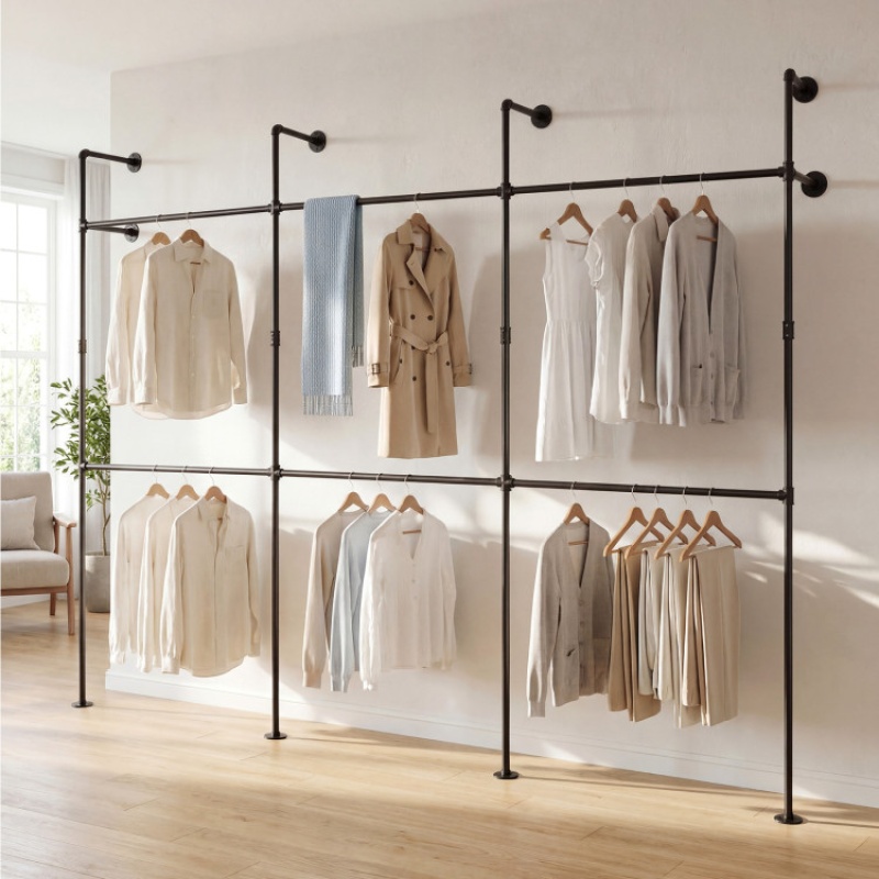 Wall Mounted Pipe Clothing Rack With 6 Hanging Rods-Black