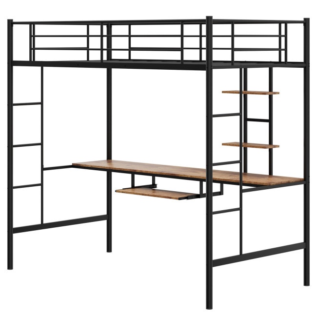 Twin Size Metal Loft Bunk Bed With Desk Shelf And Full Length Guardrail