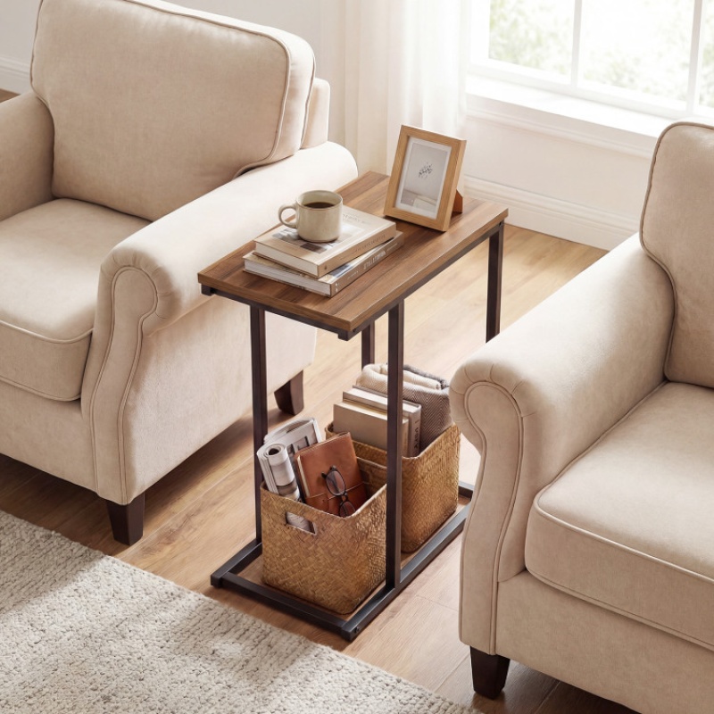 C-Shaped End Table With Sturdy Metal Frame