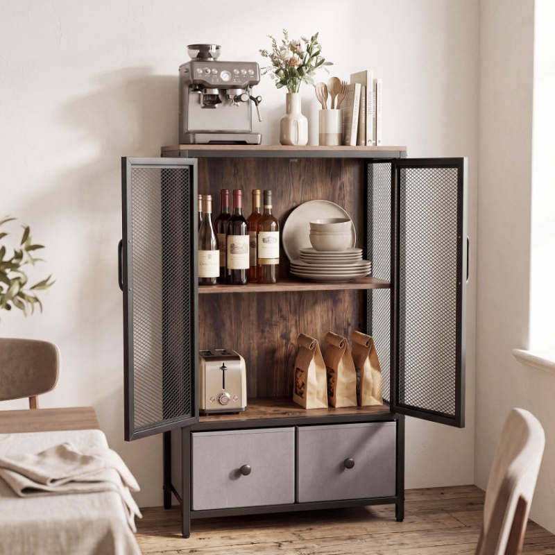 Industrial Coffee Bar Cabinet With 2-Tier Storage Compartment-Rustic Brown