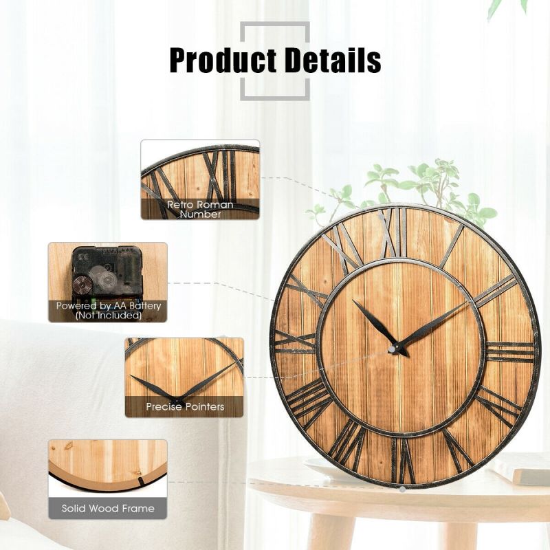 30" Round Wall Clock Decorative Wooden Silent Clock With Battery