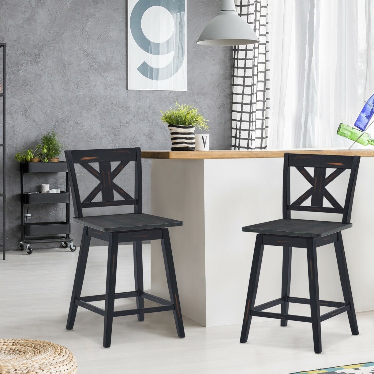 Set Of 2 24 Inch Swivel Counter Height Bar Stools With Solid Wood Legs