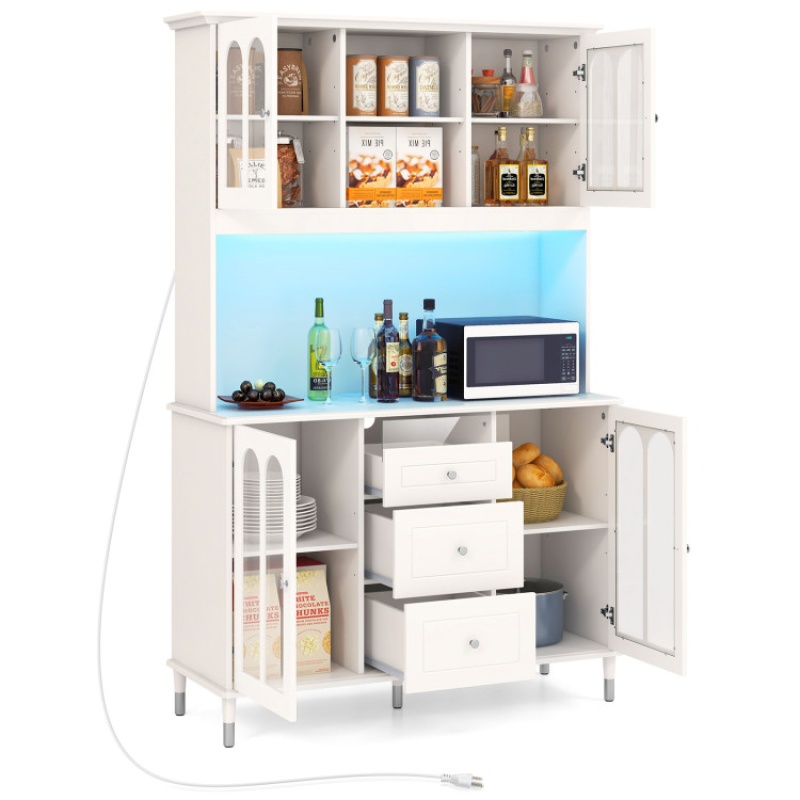 73 Inch Kitchen Pantry Storage Cabinet Freestanding Buffet Cabinet With Led Lights-White