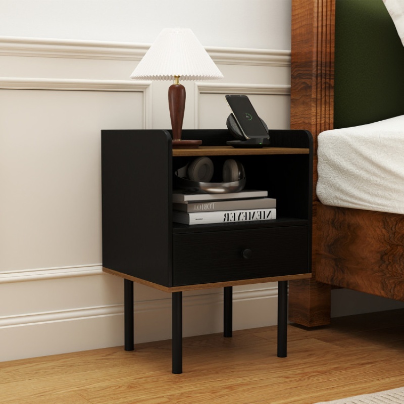 Nightstand With Drawer 3-Tier Sofa Side Table With Open Storage Shelf-Black