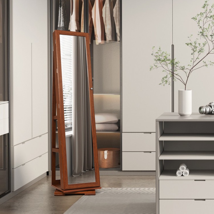 360° Rotatable Lockable Jewelry Cabinet with Mirror - Brown