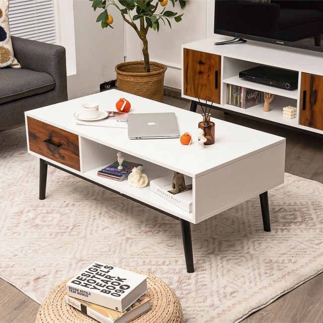 Modern Wood Sofa Table With Open Storage Shelf And Drawer