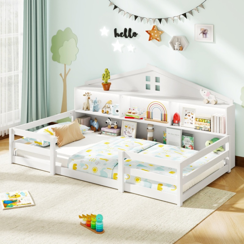 Twin Size Montessori Floor Bed With Storage Compartments and Shelf