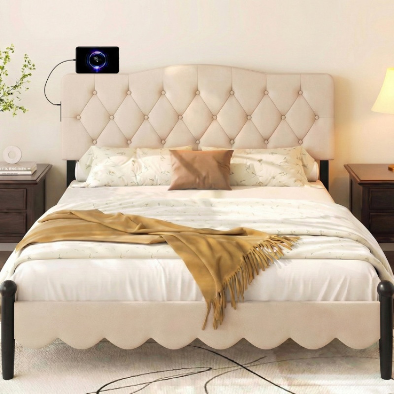 Tufted Upholstered Head Board For Queen And Full Size Bed With 2 Ac Outlets-Beige