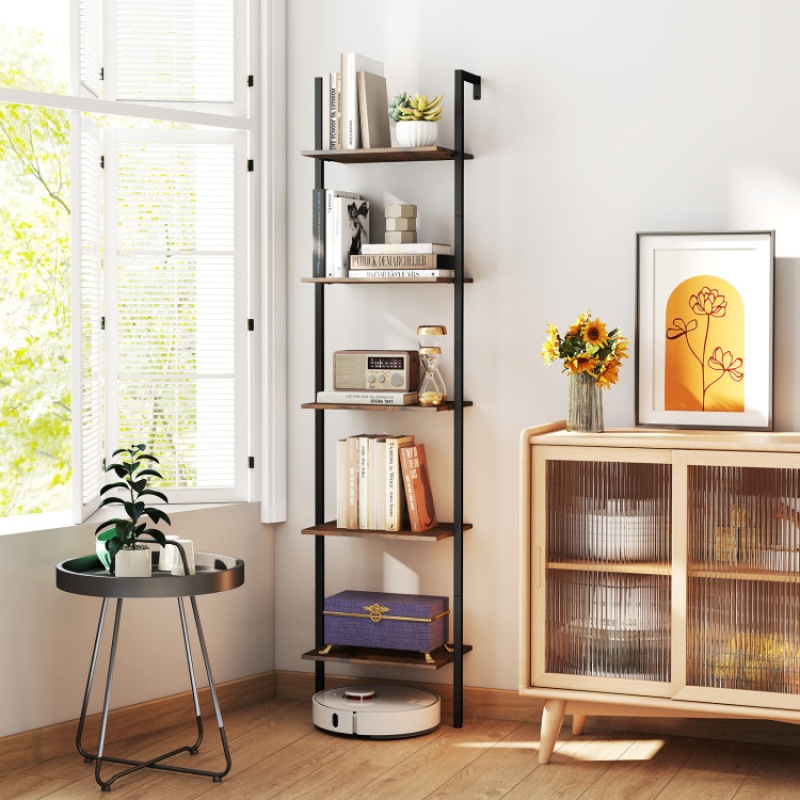 5 Tier Wall Mount Ladder Shelf With Anti-Tipping Kits For Home Office-Rustic Brown