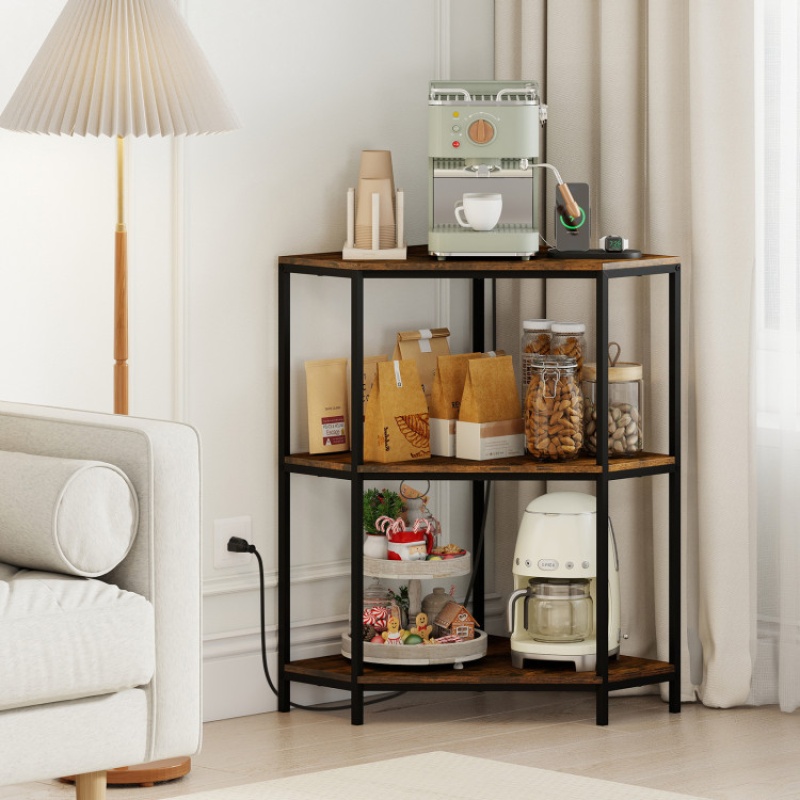 Corner Printer Stand 3-Tier Corner Shelf With Charging Station And Metal Frame-Rustic Brown