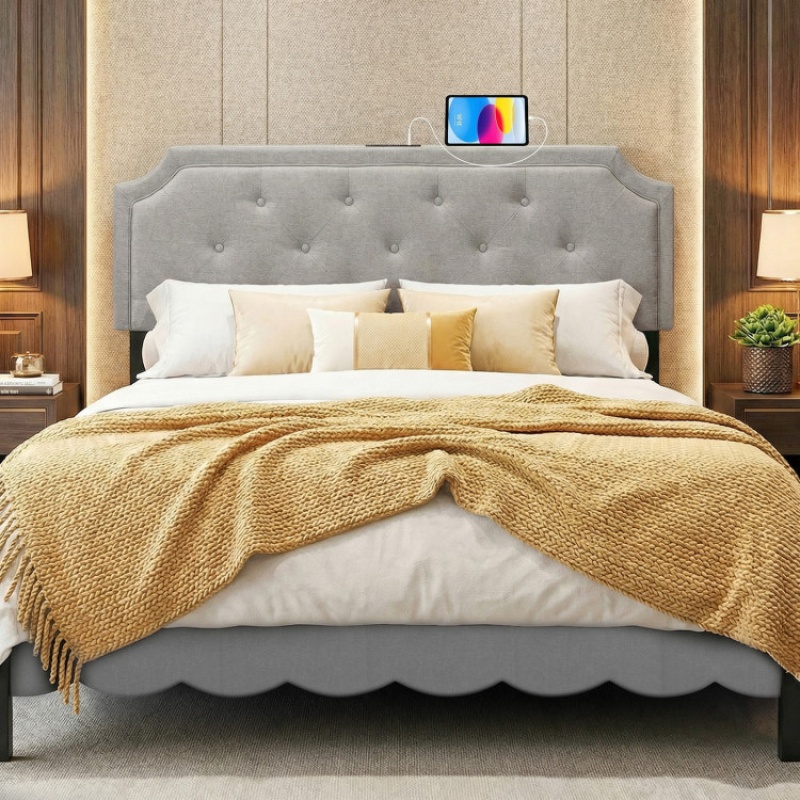 Gray Tufted Upholstered Headboard for Full and Queen Beds
