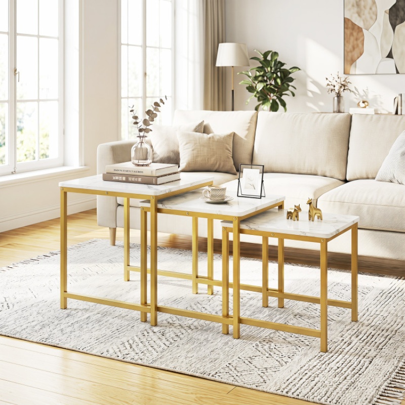 Faux Marble Nesting Table With Metal Frame Set Of 3-White