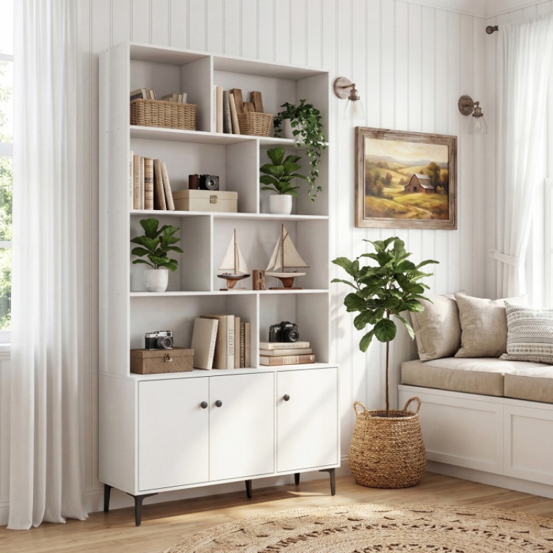 Bookshelf With 3 Doors And 2 Anti-Tipping Kits For Home Office-White