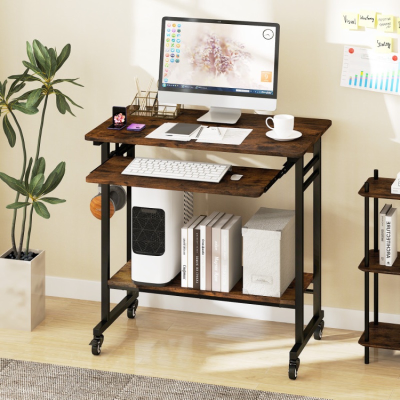 Rolling Laptop Table with Pull-Out Keyboard Tray and Hooks