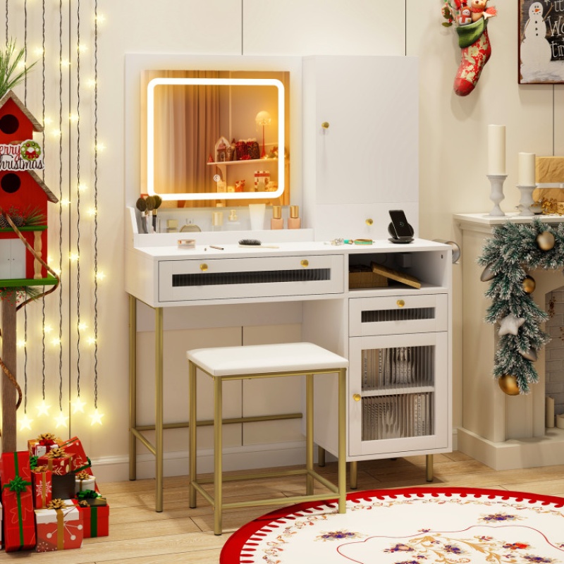 Modern White Makeup Vanity Desk with Mirror, Lights and Stool Set