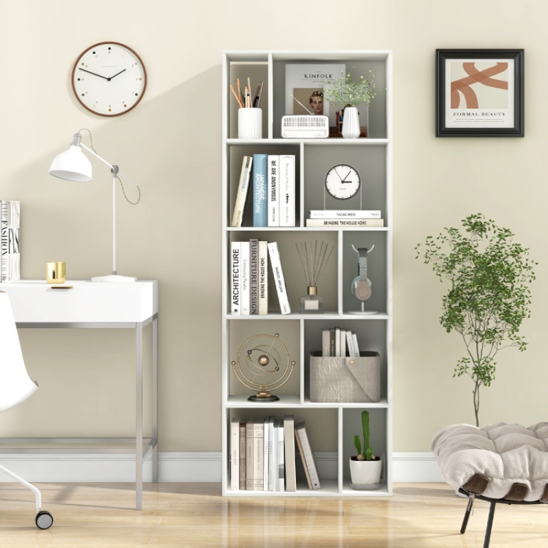 63 Inch 5-Tier Geometric 10-Cube Bookshelf - White