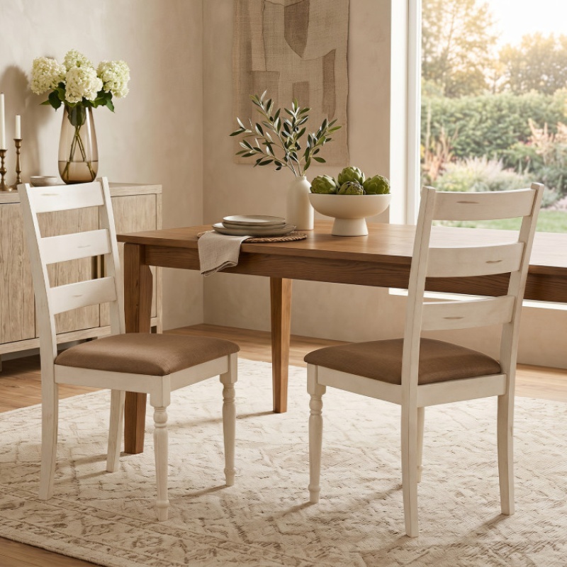 Rubber Wood Dining Chairs Set Of 2 With Padded Linen Seat & Slatted Backrest-White