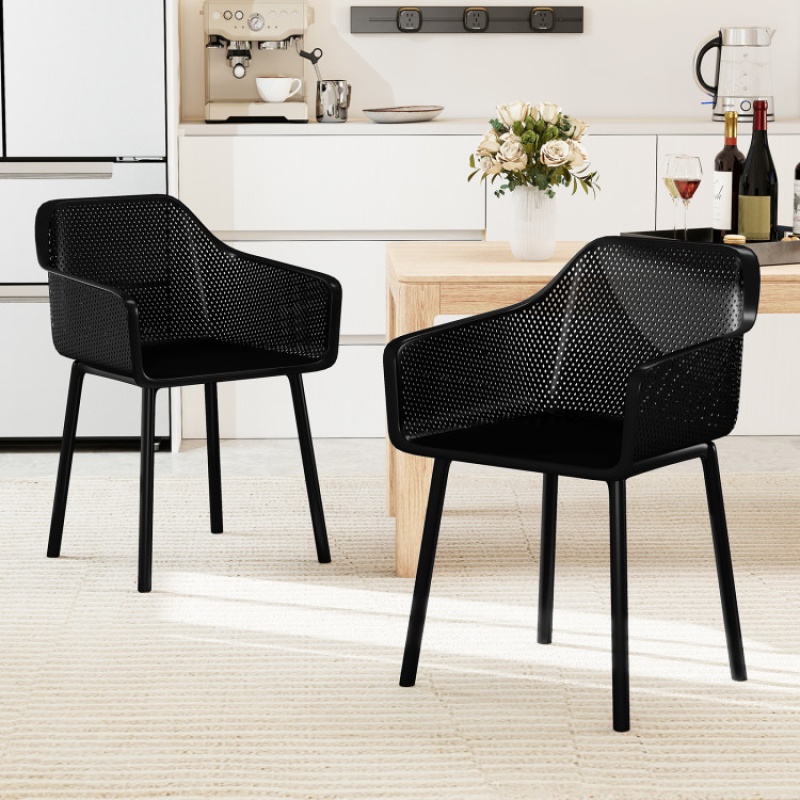 Modern Plastic Dining Chairs Set Of 2 Kitchen Armchairs With Breathable Mesh Backres-Black