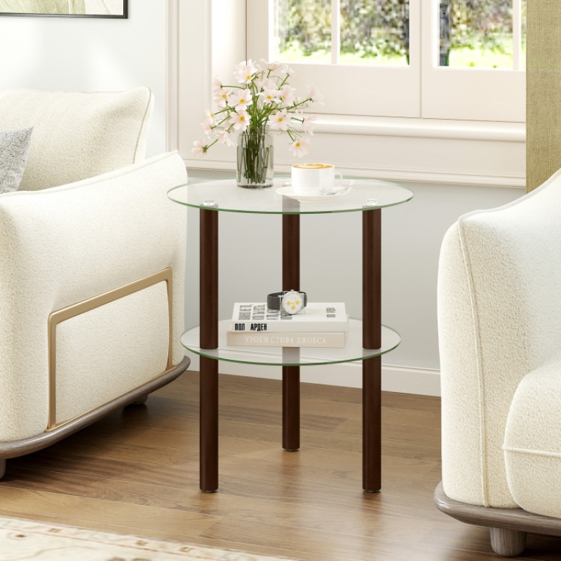 2-Tier Round End Table With Clear Tempered Glass Top And Shelf-Brown