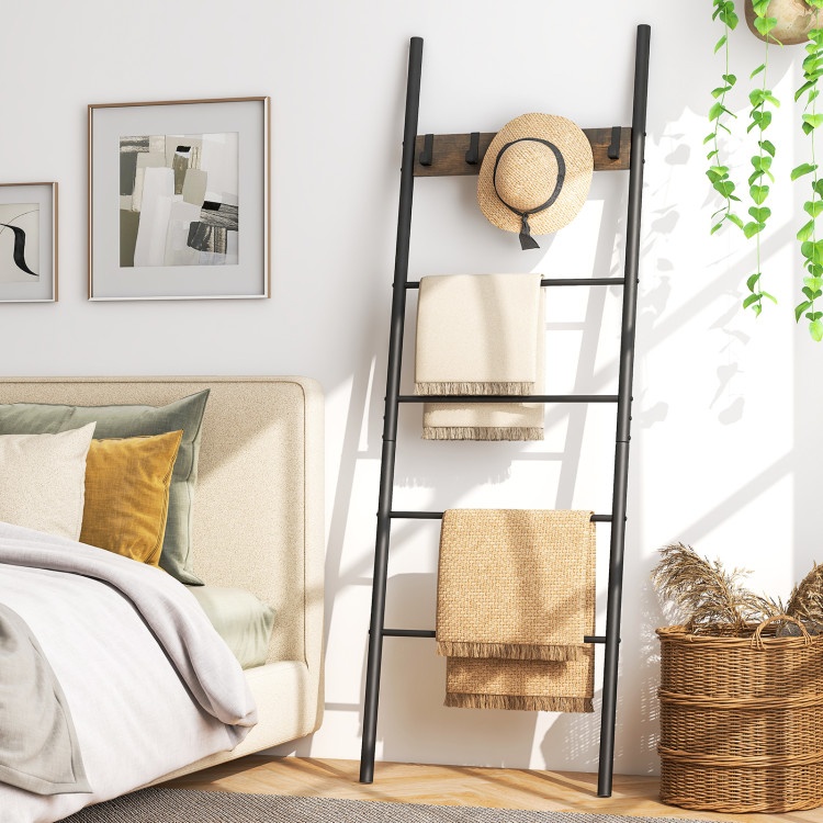Wall-Leaning Decorative Blanket Holder With 5 Removable Hooks