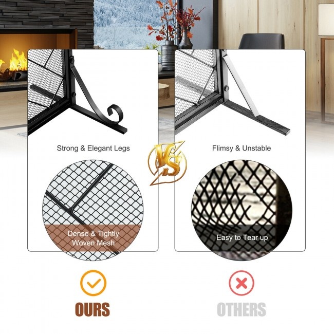 3-Panel Folding Wrought Iron Fireplace Screen With Doors And 4 Pieces Tools Set