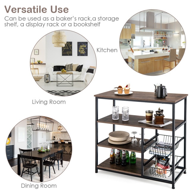 4Tier Industrial Kitchen Baker's Rack With 2 Wire Baskets