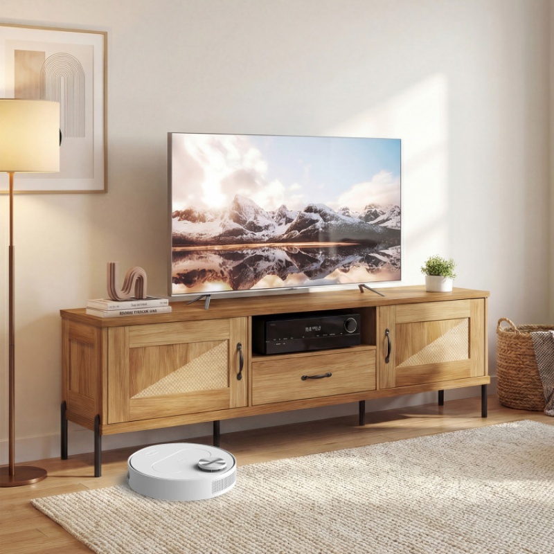 Rattan Tv Stand For Tvs Up To 80" Mid Century Modern Media Console Table With 2 Storage Cabinets-Natural