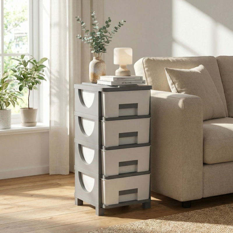Plastic Storage Organizer With Compact Drawer Cabinet Side Table For Bedroom-Gray