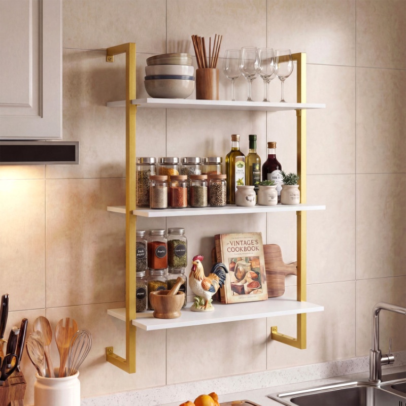 3-Tier Floating Modern Kitchen Shelf For Living Room Home Office And Bathroom-White