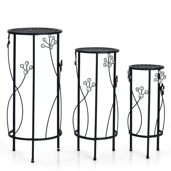 3 Pieces Metal Plant Stand Set With Crystal Floral Accents Round